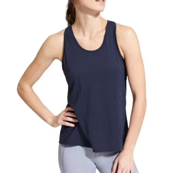 Athleta Tank Top Essence Cross Back Stripe Heather Sleeveless Stretch Navy Blue - Picture 3 of 11